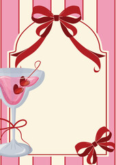 poster without text with pink stripes behind, rectangular frame for text, red bow and pink martini on the side, Valentine's Day design