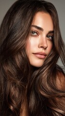 Fototapeta premium Close up portrait of a young caucasian woman with beautiful long brown hair and natural makeup. Beauty and skincare concept for cosmetics advertising.