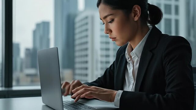 A focused businesswoman office with laptop, professional focus, subtle stress, mental health awarenes corporate technology workplace productivity city, balanced work life and determination for mod