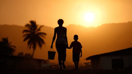 Africa water african mother and child walking home at sunset carrying water, representing community, daily life, and family bonds in africa