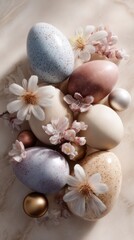 Obraz premium Elegant pastel Easter eggs with soft blossoms and gentle spring light