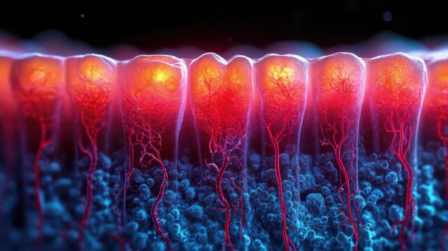 Microscopic view of human taste bud papillae with vivid colors and intricate details