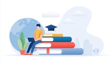 Young man sitting on colorful stacked books with laptop, globe in background, graduation cap above, representing education, learning, and global knowledge in a modern illustration