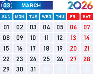 March calendar design with vector elements and colorful graphics for seasonal promotions