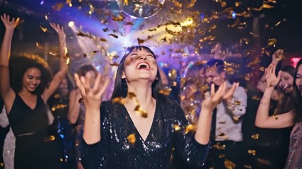 A party confetti celebration nightlife dance club joy glitter festive music joyful woman throw confetti disco lights, asian woman sequin dres dance amid colorful nightclub sparkle and smiling crowd - Powered by Adobe