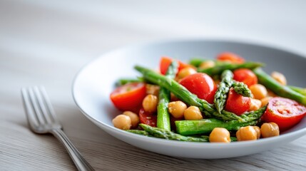 Fresh vegetable salad featuring vibrant cherry tomatoes, tender asparagus, and chickpeas served in a white bowl on a wooden table, showcasing healthy eating and culinary creativity