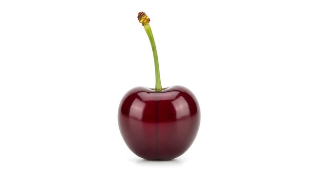 Single Ripe Red Cherry with Stem on White Background