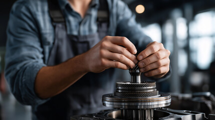 Faceless focused mechanic hands on car transmission automotive service repair work technician tool operation complex engine gearbox maintenance intense concentration task