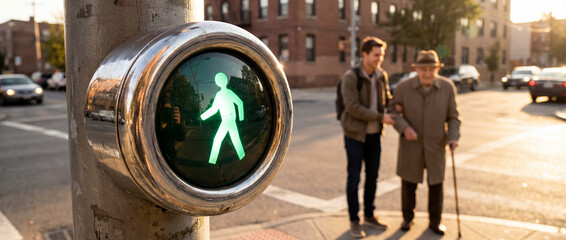 Man and elderly man cross street at walk signal in city