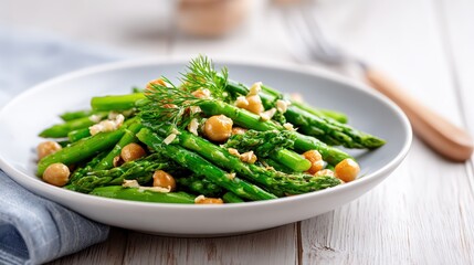 Fresh green asparagus salad with chickpeas, garnished with herbs, served in a white bowl on a wooden table, showcasing healthy eating and vibrant colors