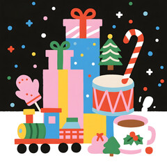 Festive, Birthday, Train, Gift, Confetti, Cupcake, Candy, Celebration, Illustration, Design