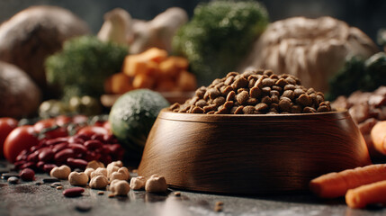 Wooden bowl filled with pet food on a kitchen counter surrounded by vegetables and grains