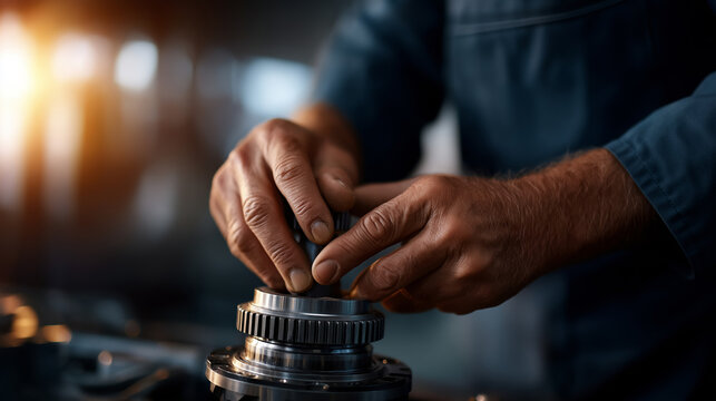 Faceless focused mechanic hands on car transmission automotive service repair work technician tool operation complex engine gearbox maintenance intense concentration task - Powered by Adobe