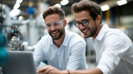 Faceless engineers collaborating inside industrial facility equipment operation teamwork manufacturing coordination work professional technical discussion factory collaboration