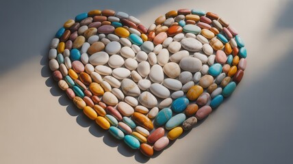 Heart shape made of colorful natural pebbles and stones, symbolizing love and connection