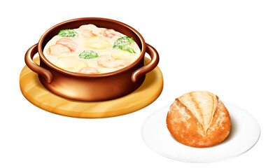 チキンクリームシチューとハードタイプのロールパン
