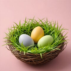 Obraz premium A decorative nest containing three pastel-colored Easter eggs spring inspiration