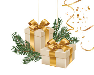 A festive Christmas tree with wrapped holiday gift boxes and ribbon decorations