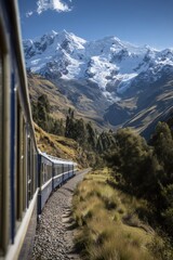 The exterior of a train, driving through beautiful mountainous landscapes.