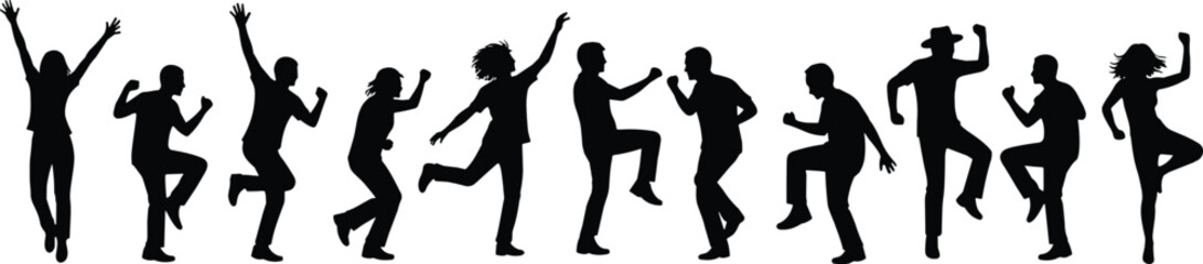 Energetic Silhouettes of Diverse People Dancing, Jumping, and Celebrating Success, Freedom, Excitement, Party, and Victory Concepts for Stock