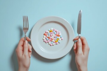 Woman's hands holding a fork and knife on a plate, with pills in the middle of a white plate, top view, against a blue background