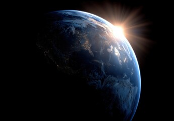 View of the earth from space, with blue and white lighting.