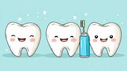 Three happy cartoon teeth with toothbrush and toothpaste on blue background