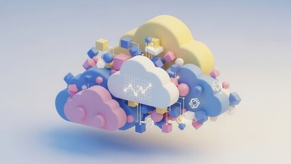 3D rendering of a cloud computing concept with pastel colored shapes and data graph overlays