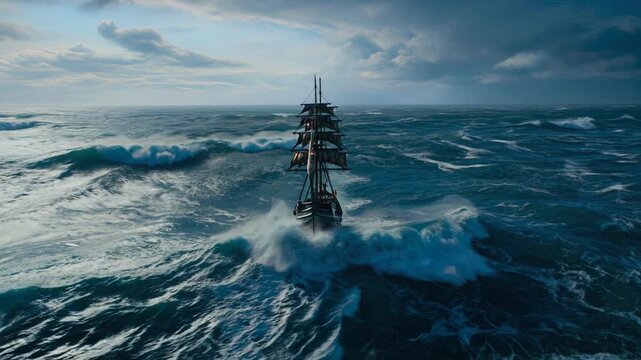Epic Storm at Sea Cinematic Wide Shot of a Vintage Ship Battling Massive Turbulent Waves Under a Dark, Thunderous Sky