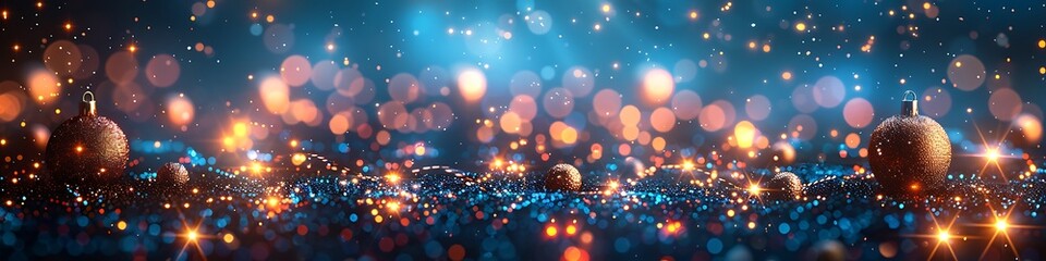 Panoramic View of a Sparkling Festive Background with Golden Baubles and Blue Bokeh Lights