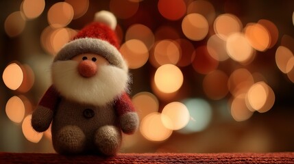 Christmas theme background, cute Santa figure on table with Christmas light with copy space 