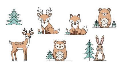 Charming forest animals illustrations creating an inviting and imaginative woodland scene perfect