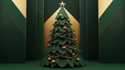 Stylized green Christmas tree with golden ornaments and star. Festive holiday elegant design for seasonal advertisement and greeting card.
