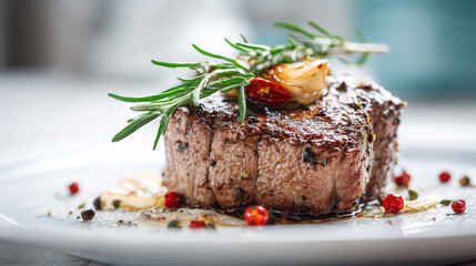 Delicious steak cooked to perfection served on a plate with herbs and spices for flavor enhancement