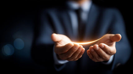 Faceless businessman hands showing glowing technical support banner neon line concept interface service advice assistance icons reliability expert solutions defocused virtual