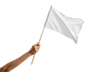 A simple white flag on a wooden pole is raised and gently waved, appearing clean and isolated for universal use.