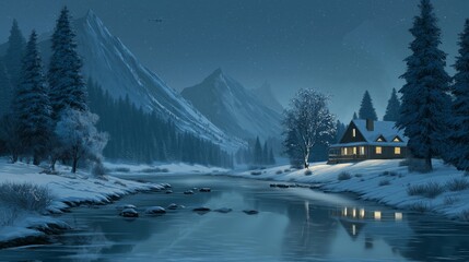 illustration of beautiful winter scenery rural countryside village with frost lake 