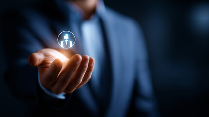 Faceless businessman hands showing glowing technical support banner neon line concept interface service advice assistance icons reliability expert solutions defocused virtual