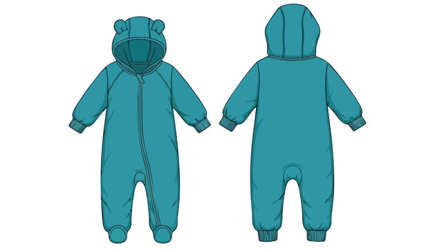Teal Baby Onesie with Hooded Bear Ears: Front and Back View Fashion Illustration Apparel Design Blueprint