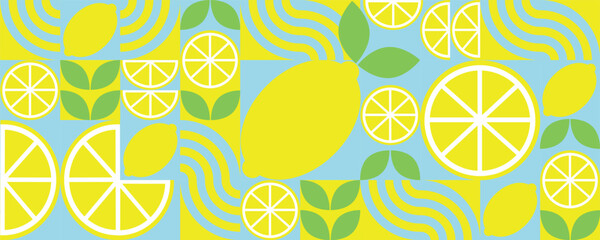 Geometric Flat Lemon and Leaf Tile Design. Vegetable abstract minimalist fruit pattern. Shapes of natural organic flower plants, eco-agriculture citrus. 