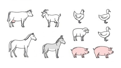 Line art illustration showcasing a variety of farm animals on a white background creating design