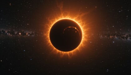 Naklejka premium Dark Fiery Star or Planet in Solar Eclipse with Burning Plasma Corona