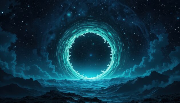 Teal Astral Gate on a Distant Alien Planet Landscape Night Sky
