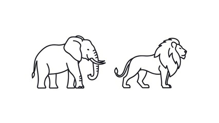 Fototapeta premium Elegant minimalist design featuring outline of a majestic lion and an african elephant