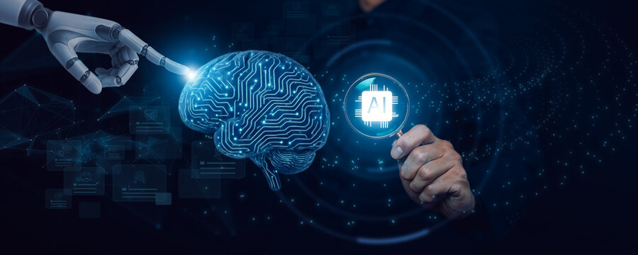 A robotic hand connecting with a digital brain as a human holds an AI chip icon, symbolizing artificial intelligence, human&ndash;machine collaboration, and futuristic technology.