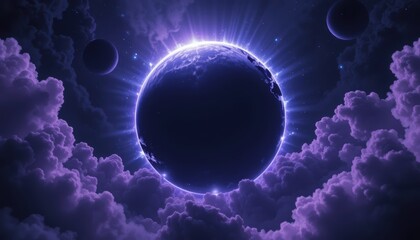 Intense Purple Aura Glowing Planet Surrounded by Vast Cosmic Clouds