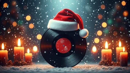 Vinyl record with Santa hat. Christmas music concept. Holiday playlist background. Glowing candles in snow with festive bokeh lights.