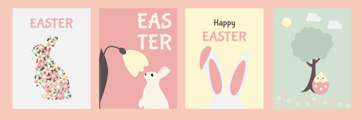 Easter greeting card set in pastel colors.Templates for greeting cards, invitations, printed products and social media posts; gentle, childlike and cozy design for spring holidays