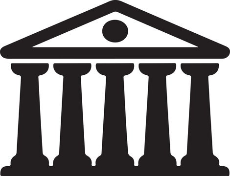 Black and white graphic icon of a classical building with five columns and a triangular pediment
