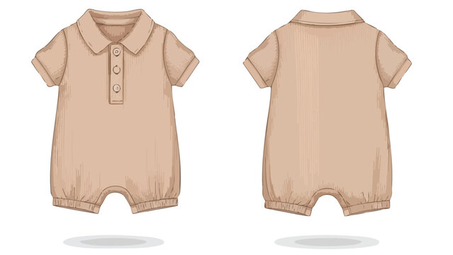 Elegant baby romper design in soft earth tone color featuring a polo style and short sleeves and vintage sketch look isolated on white background